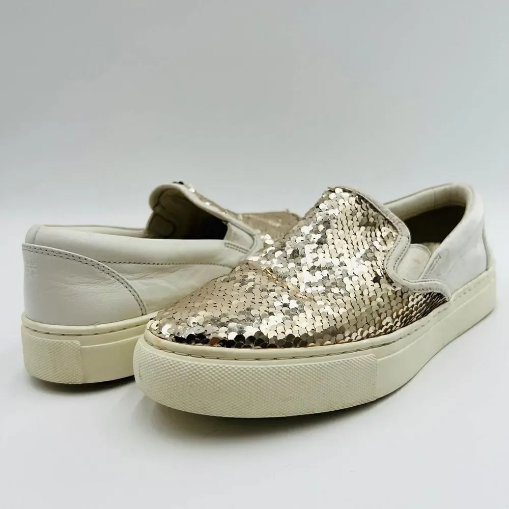 Tory Burch Carter Reversible Sequin Calf Leather Silver White Sneaker Size 7